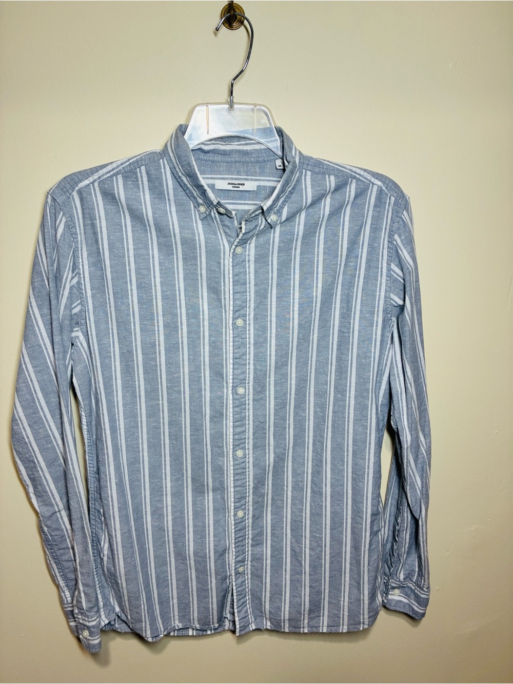 Jack and Jones Blue Gray and White Striped Linen Blend Button-Down Shirt